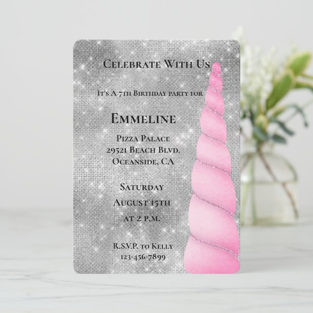 Invitación Glam Unicornio rosa espumoso de plata Cumpleaños (Anverso de pie)