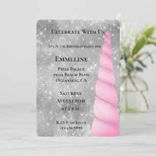 Invitación Glam Unicornio rosa espumoso de plata Cumpleaños