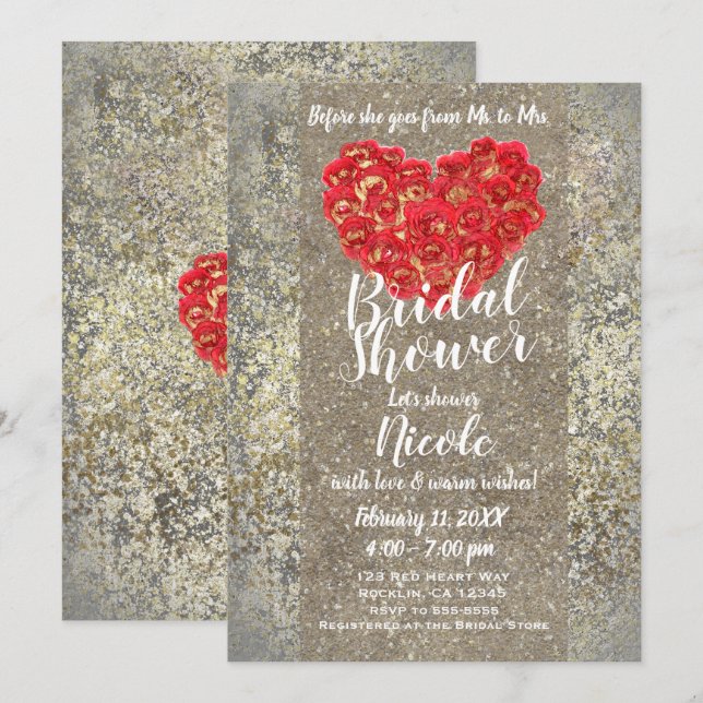 Invitación Glam Valentine Bridal Bridal Glam Red Gold Fiesta (Anverso / Reverso)