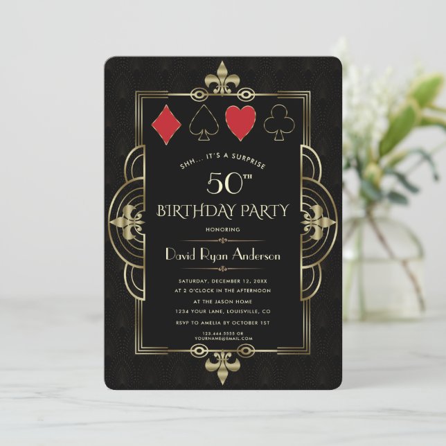Invitación Glam Vegas Casino Royale Art Deco 50 cumpleaños (Anverso de pie)
