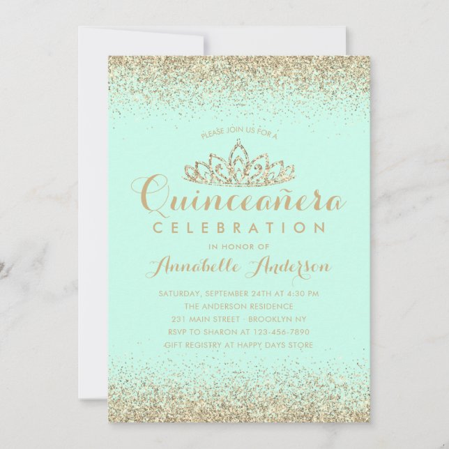 Invitación Glam Verde azulada Aqua Quinceañera Gold Tiara Pur (Anverso)