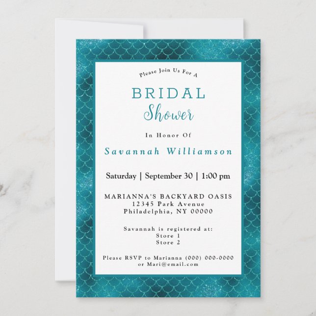 Invitación Glam Verde azulada Sirena Escales Británica Ducha (Anverso)