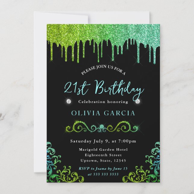 Invitación Glam Verde y Azul Brillo Cumpleaños 21 (Anverso)