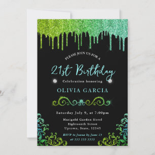 Invitación Glam Verde y Azul Brillo Cumpleaños 21