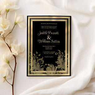 Invitación Glam vintage boda floral de encaje de oro negro