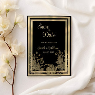 Invitación Glam vintage floral de encaje de oro negro Save th