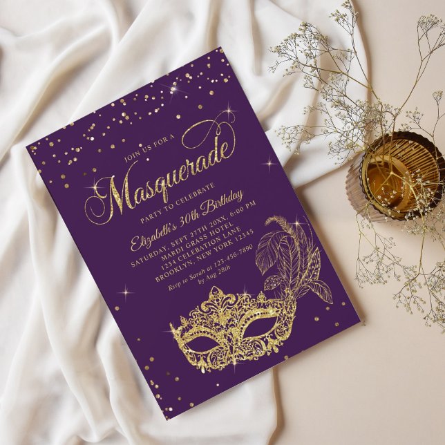 Invitación Glam Violet Gold Purpurina Masquerade Cumpleaños (Subido por el creador)