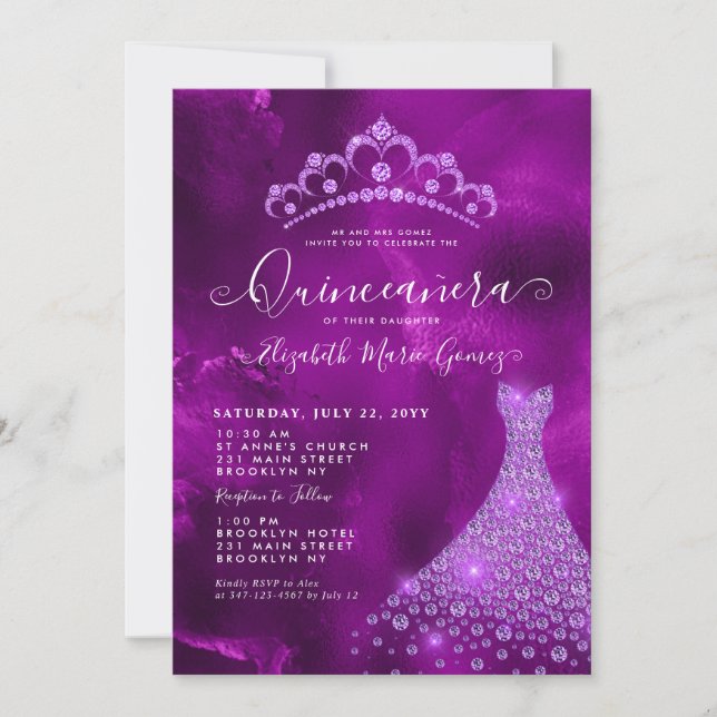 Invitación Glam Violeta Púrpura Diamante Tara Vestido Quincea (Anverso)