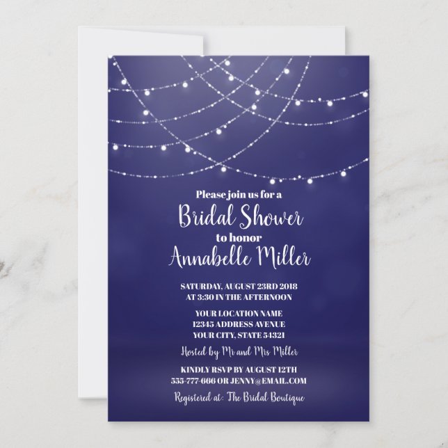 Invitación Glam White Fairy Lights Blue Bridal Shower (Anverso)