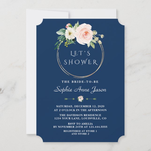 Invitación Glam White Flowes Fotograma dorado Ducha de novia  (Anverso)