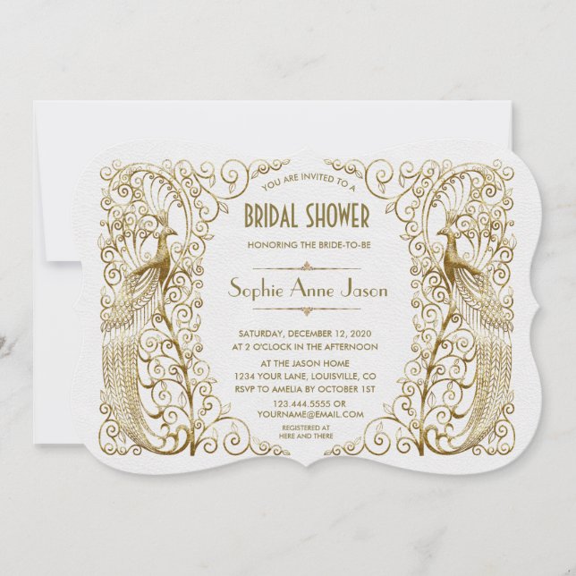 Invitación Glam White Gold Art Deco Peacocks Bridal Shower (Anverso)