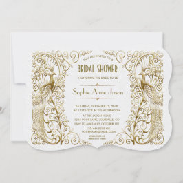 Invitación Glam White Gold Art Deco Peacocks Bridal Shower