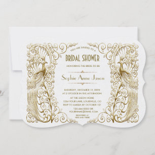 Invitación Glam White Gold Art Deco Peacocks Bridal Shower