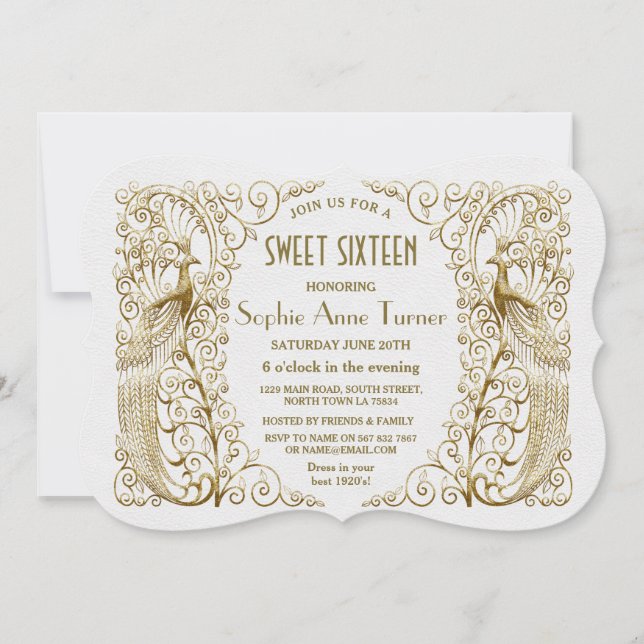 Invitación Glam White Gold Art Deco Peacocks Dulce Dieciséis (Anverso)