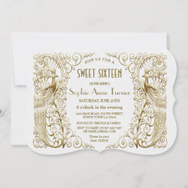 Invitación Glam White Gold Art Deco Peacocks Dulce Dieciséis