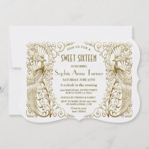 Invitación Glam White Gold Art Deco Peacocks Dulce Dieciséis