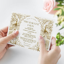 Invitación Glam White Gold Art Deco Peacocks Nochevieja