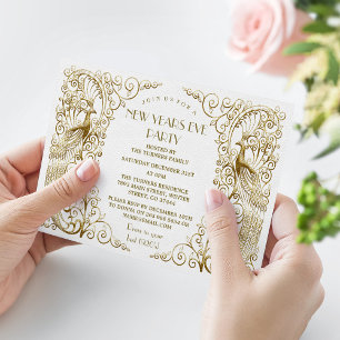 Invitación Glam White Gold Art Deco Peacocks Nochevieja