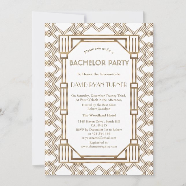 Invitación Glam White Gold Gran Gatsby 20s Despedida de Solte (Anverso)