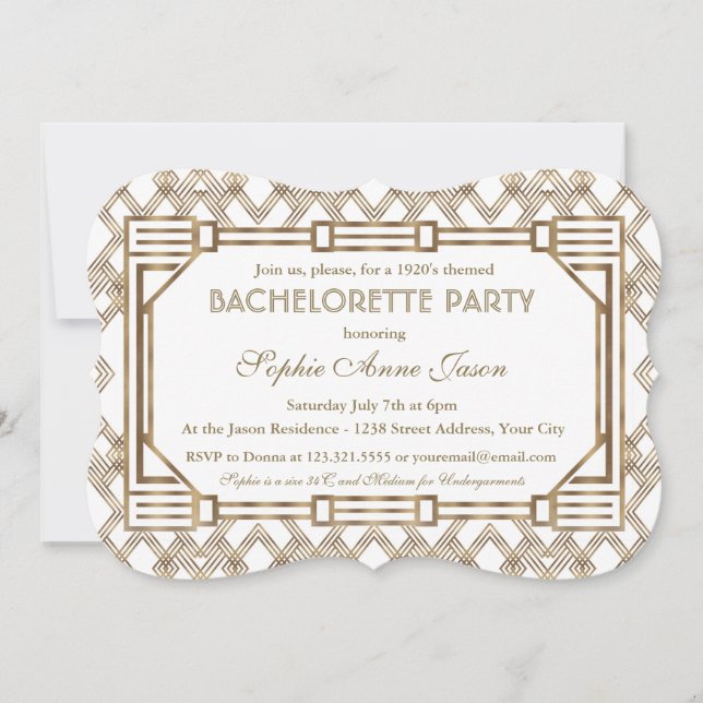 Invitación Glam White Gold Great Gatsby Bachelorette Party (Anverso)