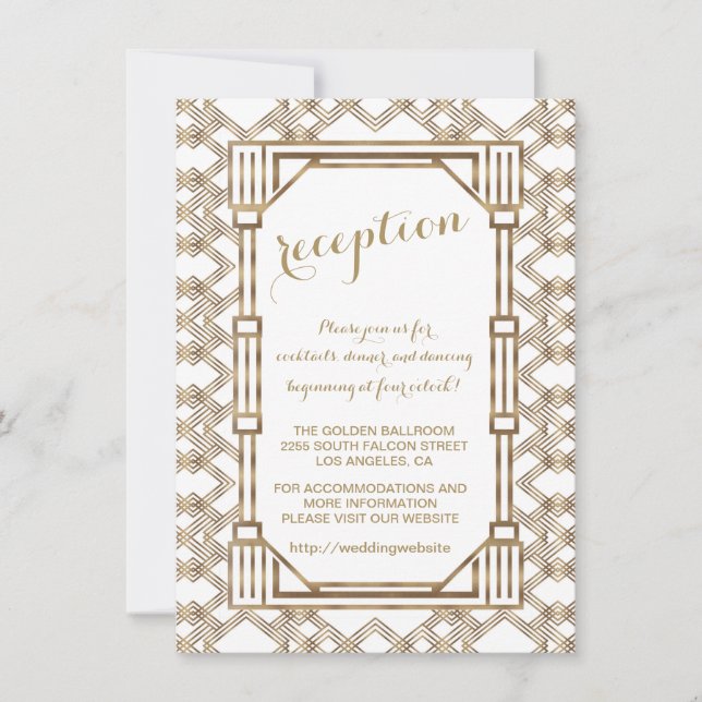 Invitación Glam White Gold Great Gatsby Wedding Recepción (Anverso)