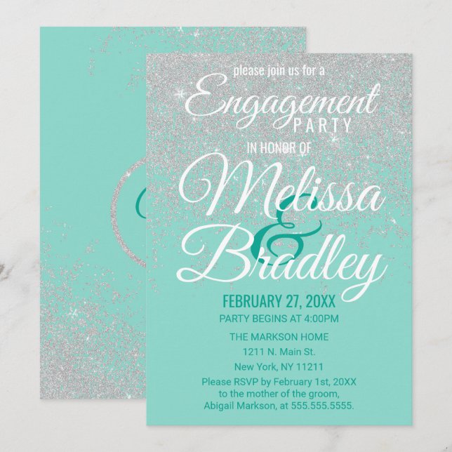 Invitación Glam White Purpurina paraliza el compromiso Verde  (Anverso / Reverso)