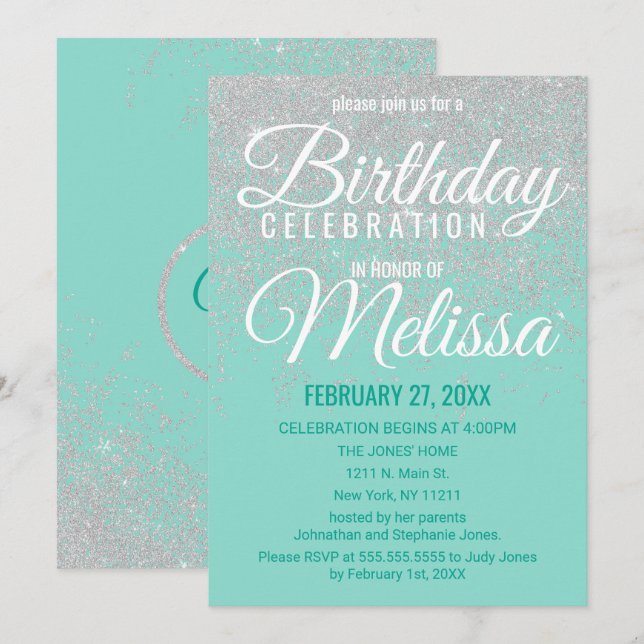 Invitación Glam White Purpurina paraliza fiesta de cumpleaños (Anverso / Reverso)