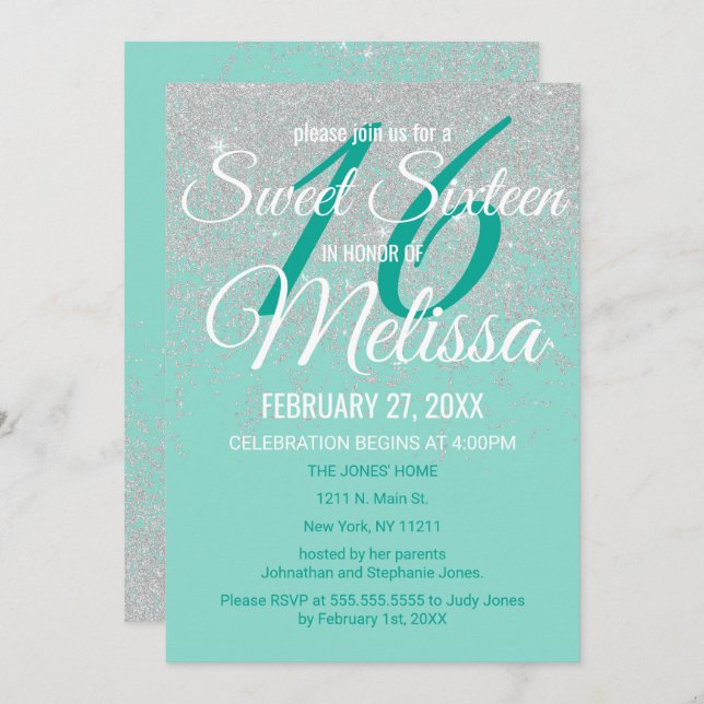 Invitación Glam White Purpurina Sparkles Verde azulado Dulce  (Anverso / Reverso)
