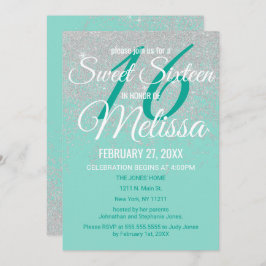 Invitación Glam White Purpurina Sparkles Verde azulado Dulce 