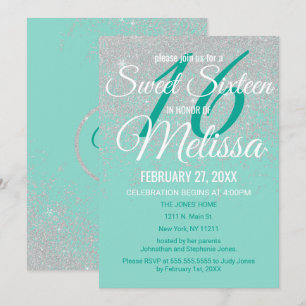 Invitación Glam White Purpurina Sparkles Verde azulado Dulce