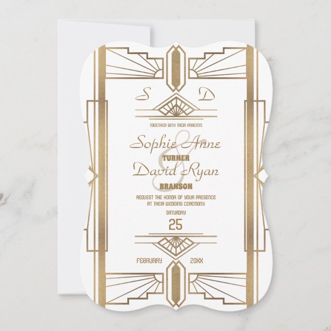 Invitación Glam White Roaring, el gran Boda de Gatsby de 2014 (Anverso)