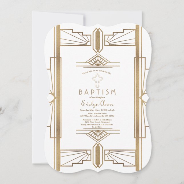 Invitación Glam White ruareando el gran bautismo de gatsby de (Anverso)
