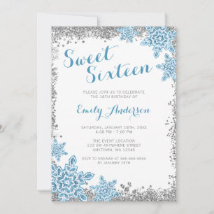 Invitación Glam Winter Wonderland Silver Blue dulce de 16 Gla