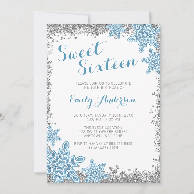 Invitación Glam Winter Wonderland Silver Blue dulce de 16 Gla (Anverso)