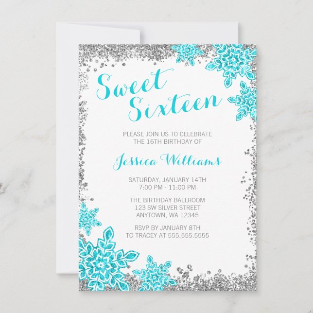Invitación Glam Wonderland Silver Aqua dulce de 16 Glam (Anverso)