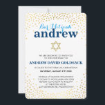 Invitación GLAMOROS BAR MITZVAH rústico oro confeti azul<br><div class="desc">NOTA - el brillante efecto dorado es una imagen impresaUn lindo confetti, diseño de puntos de polka con Relieve metalizado dorado buscando las INVITACIONES BAR MITZVAH de su hijo. Guau sus amigos y familia con este pequeño número ;D Configurar como plantilla es sencillo para usted agregar sus propios detalles, añadir...</div>