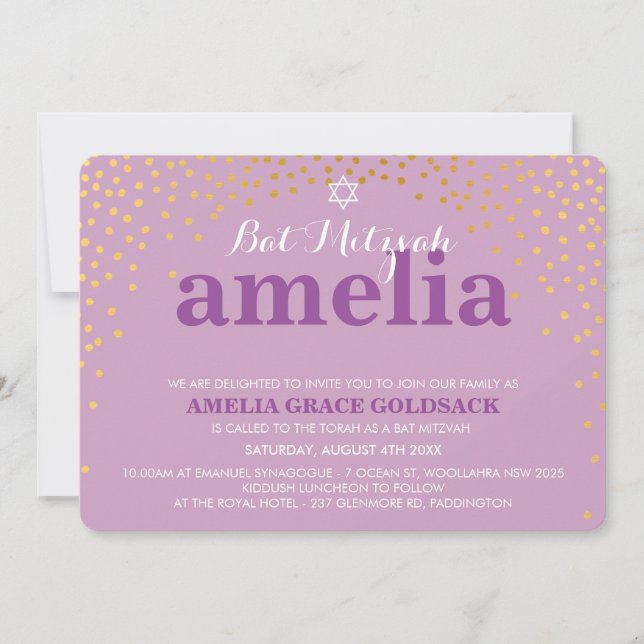 Invitación GLAMOROS BAT MITZVAH, confetti de oro rústico púrp (Anverso)