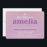 Invitación GLAMOROS BAT MITZVAH, confetti de oro rústico púrp<br><div class="desc">NOTA - el brillante efecto dorado es una imagen impresaUn lindo confetti, diseño de puntos de polka con Relieve metalizado dorado buscando las INVITACIONES MITZVAH BAT de tu hijo. Guau sus amigos y familia con este pequeño número ;D Configurar como plantilla es sencillo para usted agregar sus propios detalles, añadir...</div>