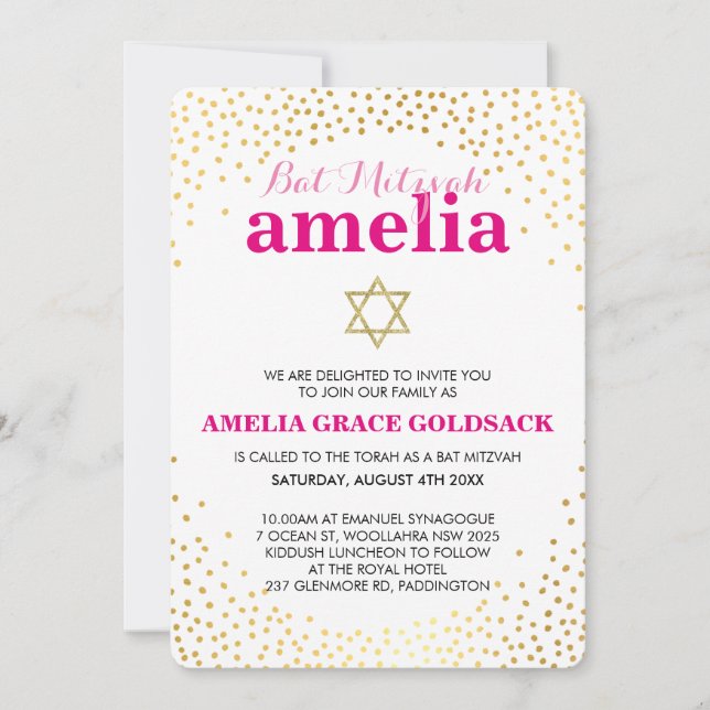 Invitación GLAMOROS BAT MITZVAH confetti de oro rústico rosa (Anverso)