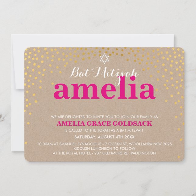Invitación GLAMOROS BAT MITZVAH rústico de confeti de oro (Anverso)