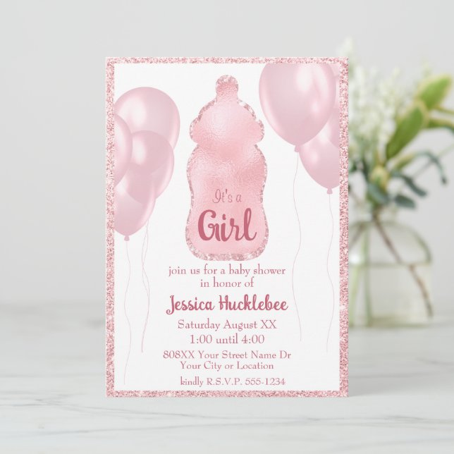Invitación Glamorosa botella de bebé y Purpurina rosa de los  (Anverso de pie)