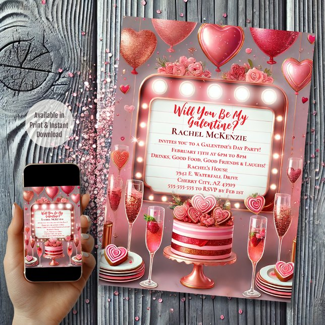Invitación Glamorosa celebración rosa y roja del Día de Galen (Marquee Galentine's Day)