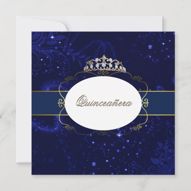 Invitación glamorosa de la quinceañera azul y dora (Anverso)