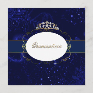 Invitación glamorosa de la quinceañera azul y dora