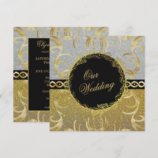Invitación glamorosa de oro y plata a la boda (Anverso / Reverso)