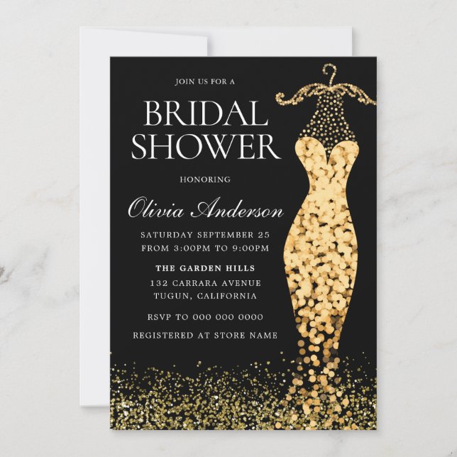 Invitación Glamorosa Esparkle de oro Vestido de novia ducha (Anverso)