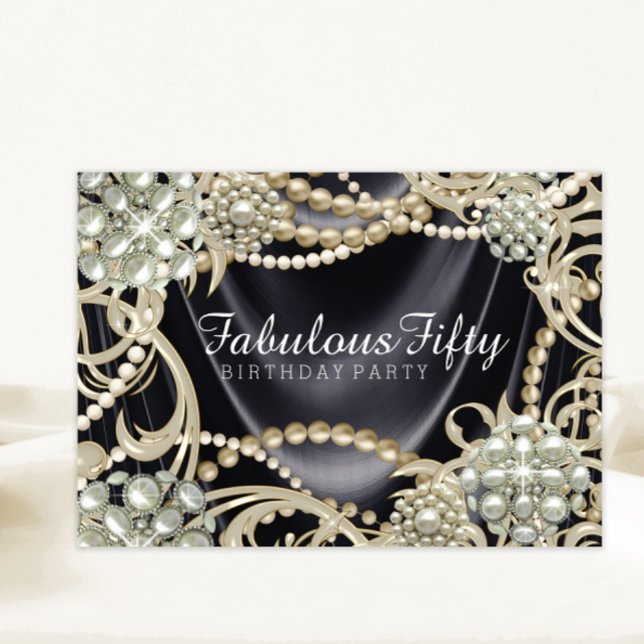 Invitación Glamorosa fiesta de cumpleaños de Pearl (Black satin pearl any number or occasion invitation. Add your details to front and back.)