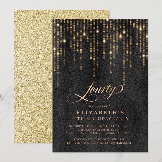 Invitación Glamorosa fiesta de cumpleaños negro y oro (Anverso / Reverso)