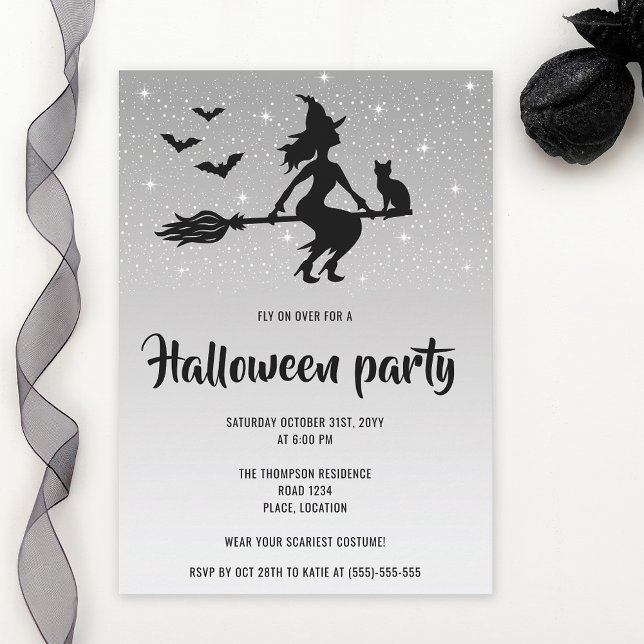 Invitación Glamorosa Fiesta De Plata De Bruja Y Halloween Neg (Subido por el creador)