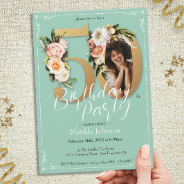 Invitación Glamorosa Floral Gold Photo 50th Birthday Party